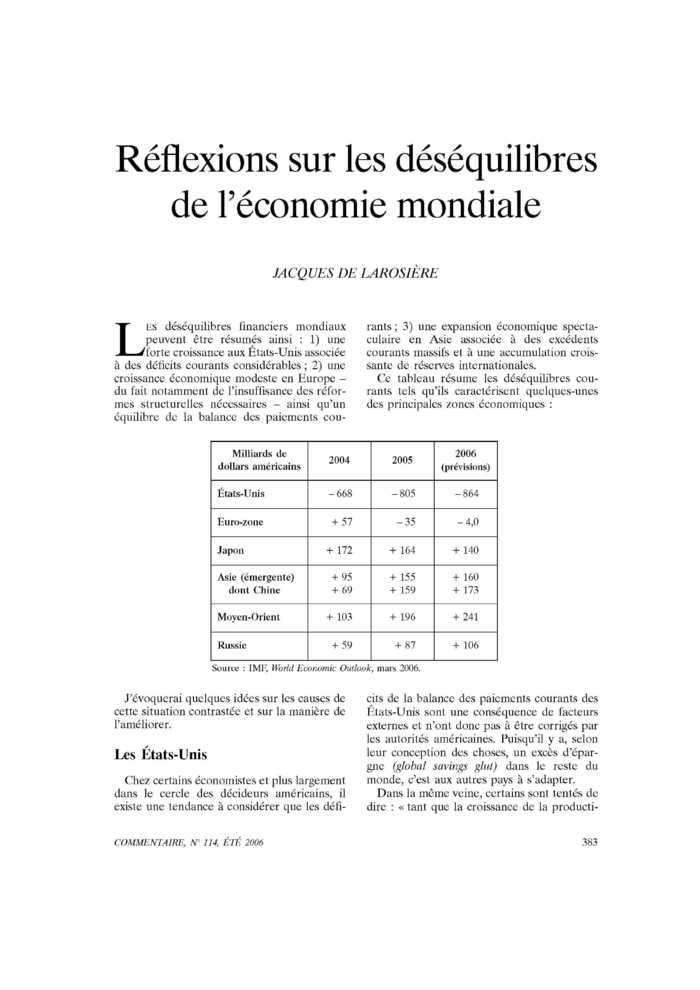 Réflexions sur les déséquilibres de l’économie mondiale
 – page 1