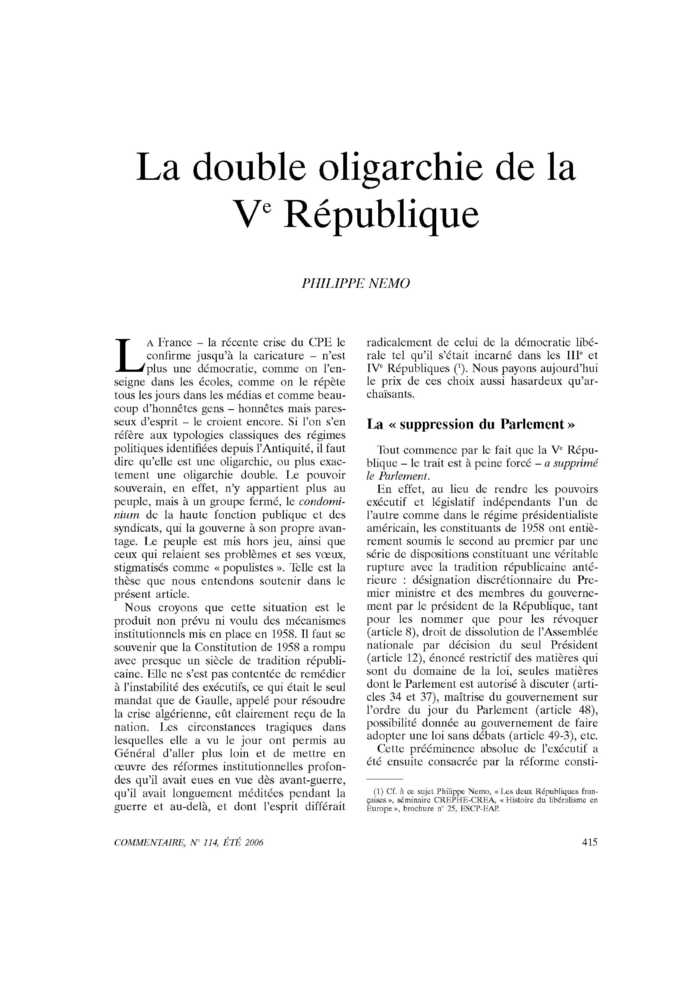 La double oligarchie de la Ve République
 – page 1