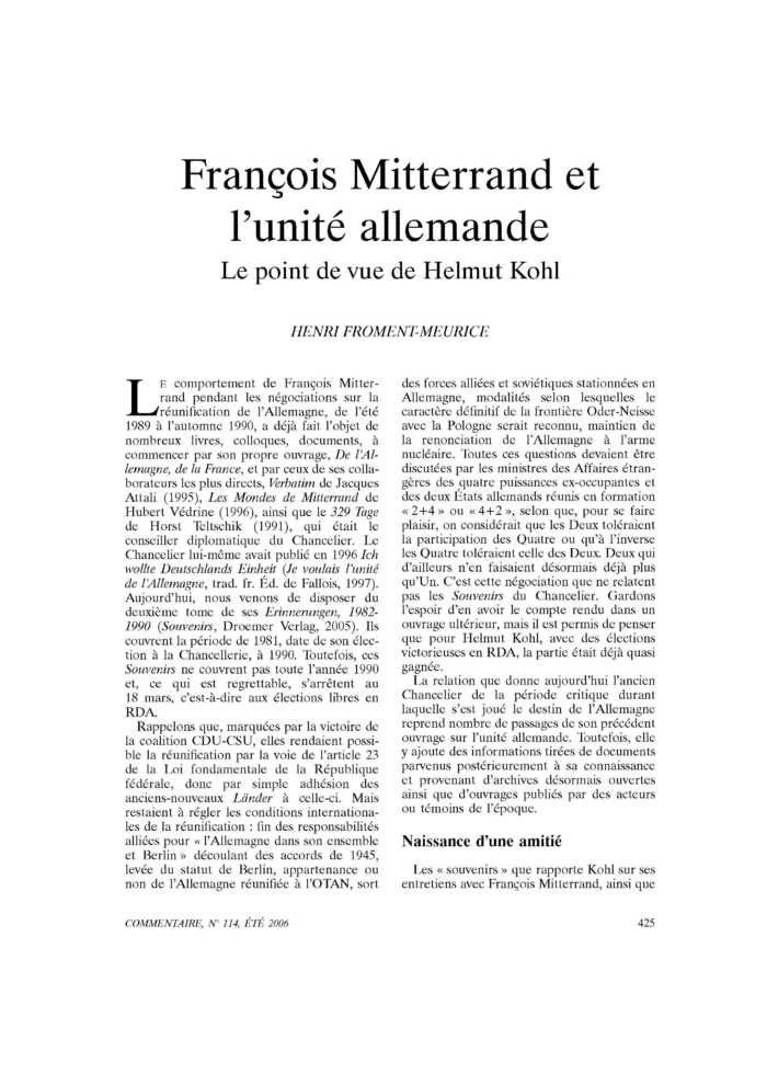 François Mitterrand et l’unité allemande. Le point de vue de Helmut Kohl
 – page 1