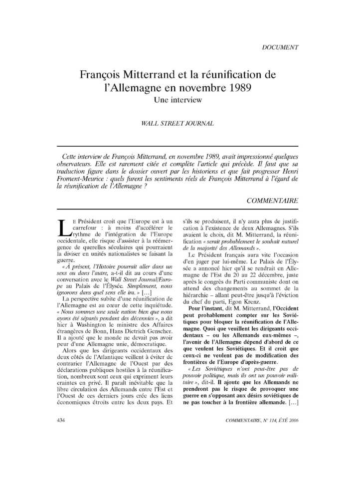 François Mitterrand et la réunification de l’Allemagne en novembre 1989. Une interview
 – page 1