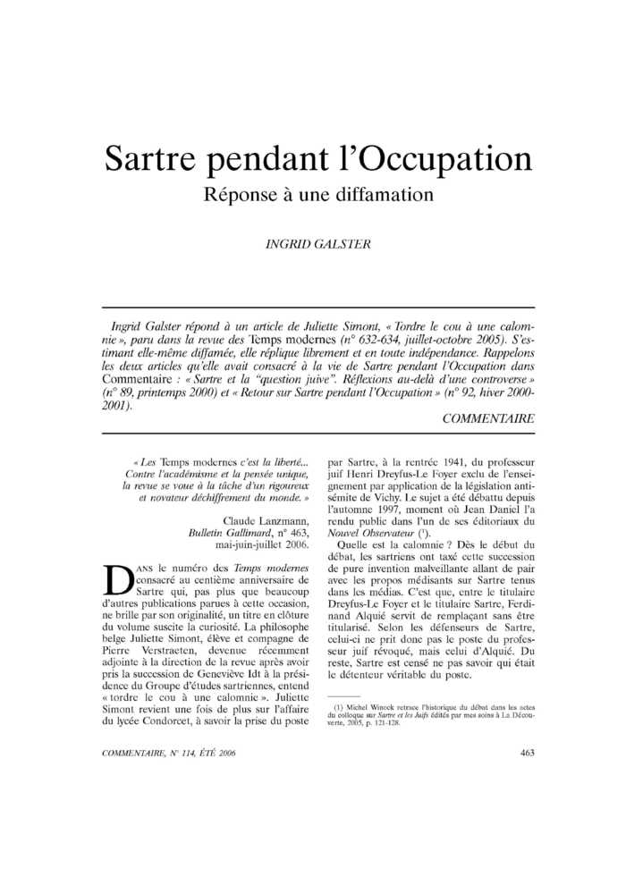 Sartre pendant l’Occupation. Réponse à une diffamation
 – page 1