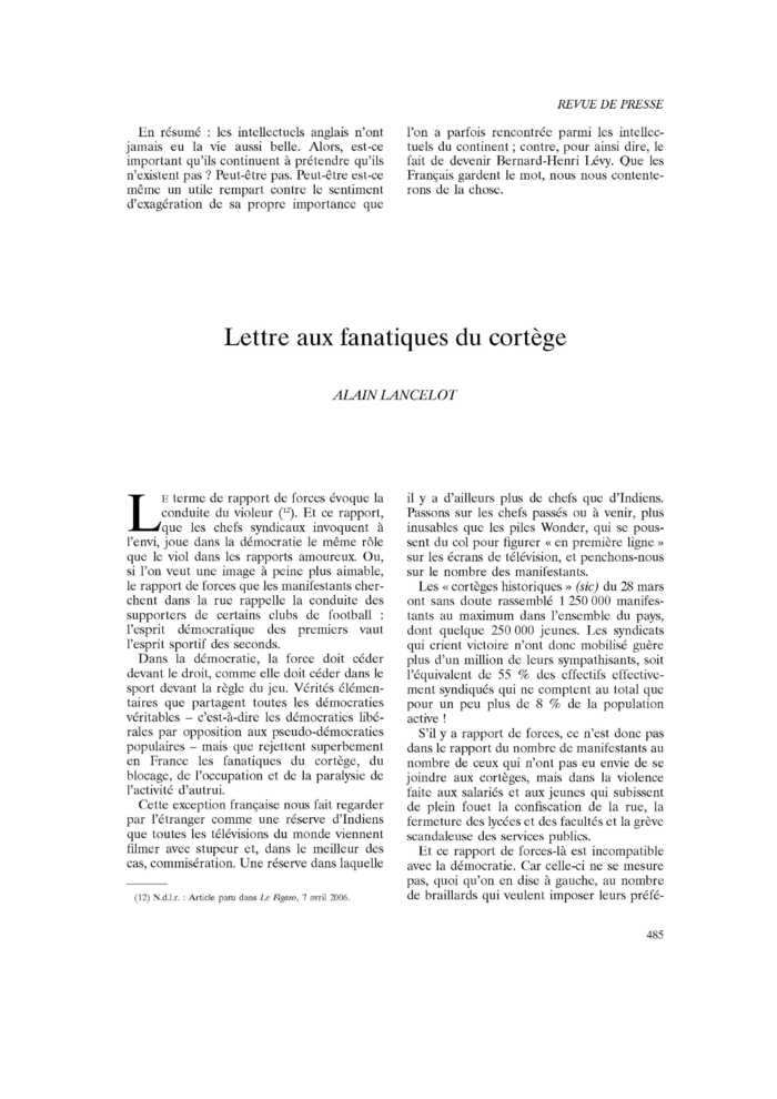 Lettre aux fanatiques du cortège
 – page 1