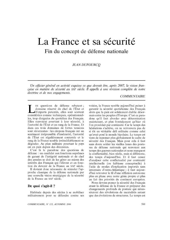 La France et sa sécurité. Fin du concept de défense nationale
 – page 1