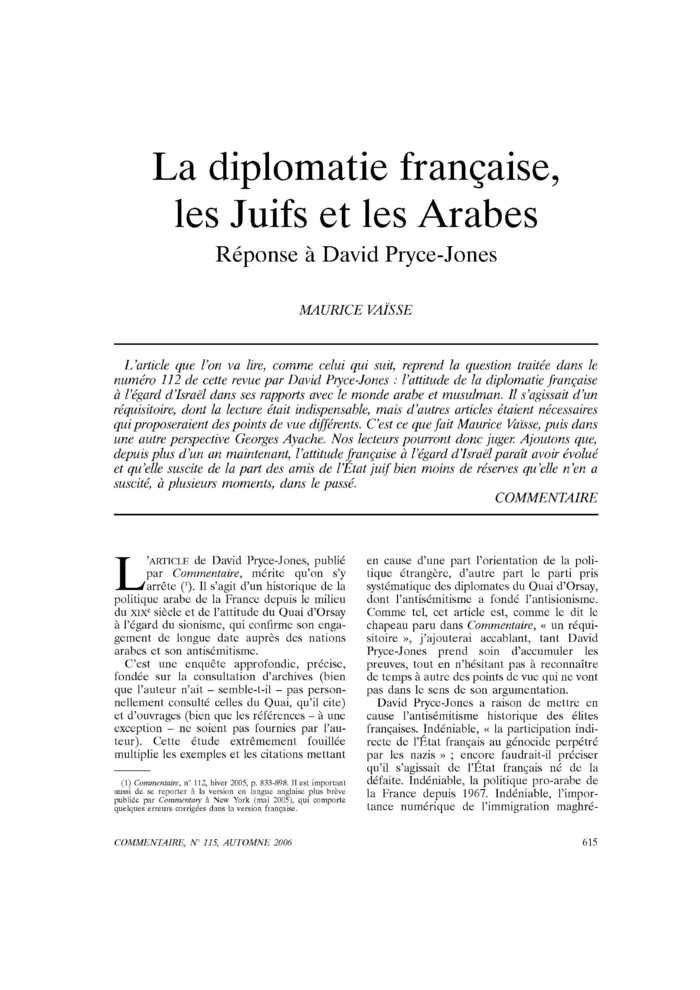 La diplomatie française, les Juifs et les Arabes. Réponse à David Pryce-Jones
 – page 1