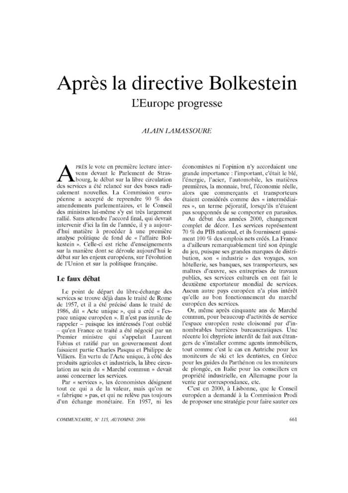 Après la directive Bolkestein. L’Europe progresse
 – page 1