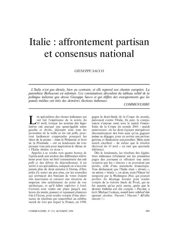 Italie : affrontement partisan et consensus national
 – page 1