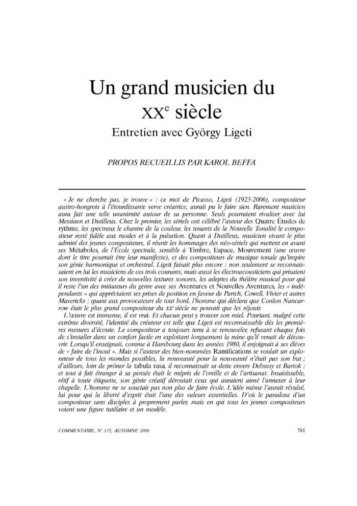 Un grand musicien du XXe siècle. Entretien avec György Ligeti
 – page 1