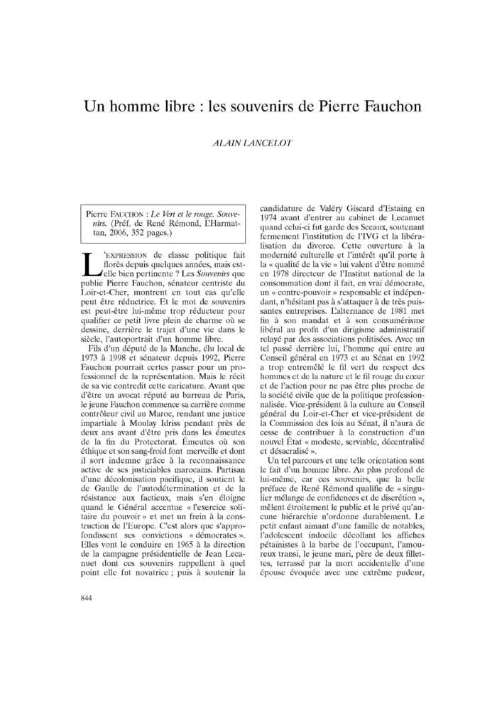 Un homme libre : les souvenirs de Pierre Fauchon
 – page 1