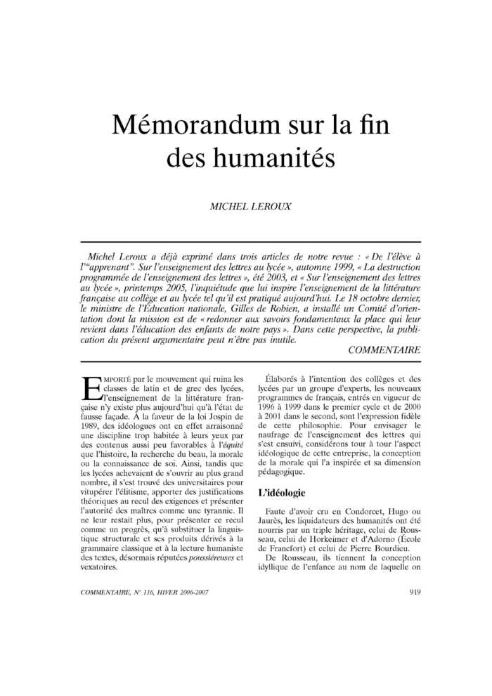 Mémorandum sur la fin des humanités
 – page 1