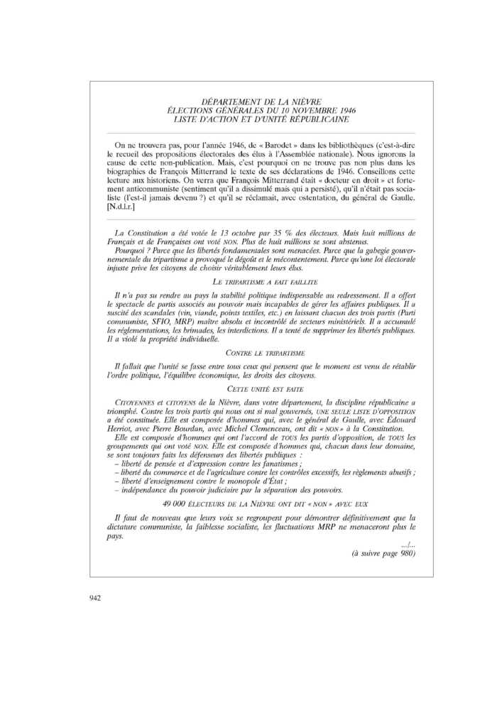 DÉPARTEMENT DE LA NIÈVRE. ÉLECTIONS GÉNÉRALES DU 10 NOVEMBRE 1946. LISTE D’ACTION ET D’UNITÉ RÉPUBLICAINE
 – page 1