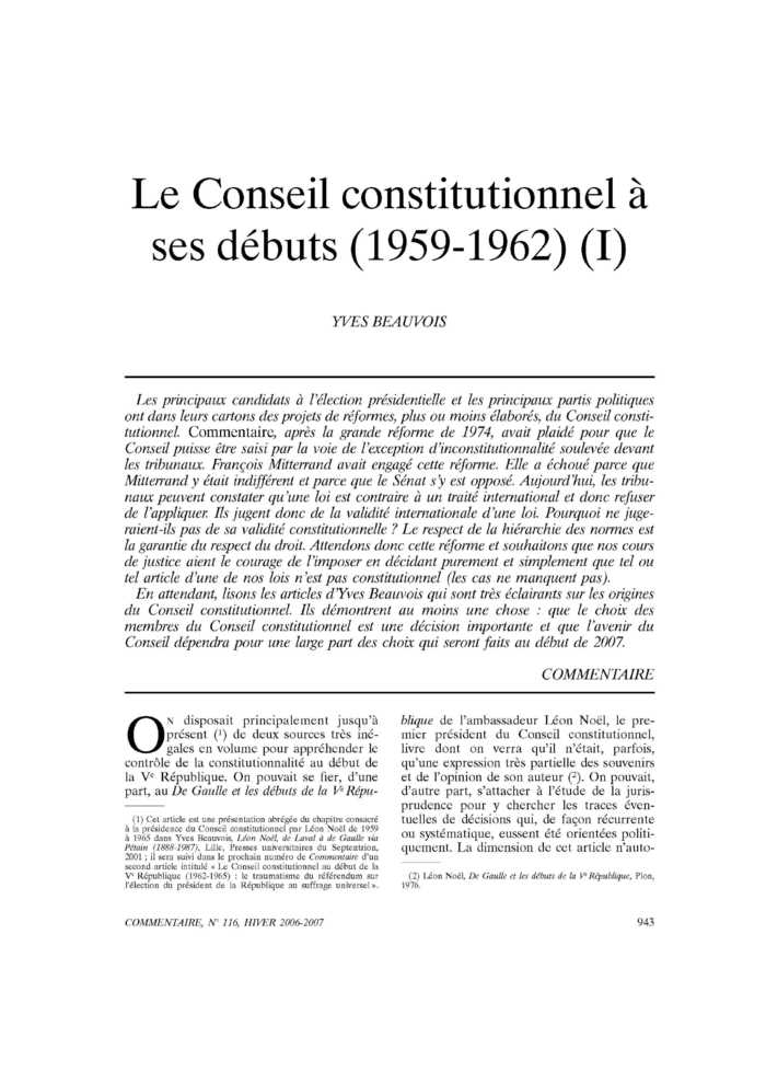 Le Conseil constitutionnel à ses débuts (1959-1962) (I)
 – page 1