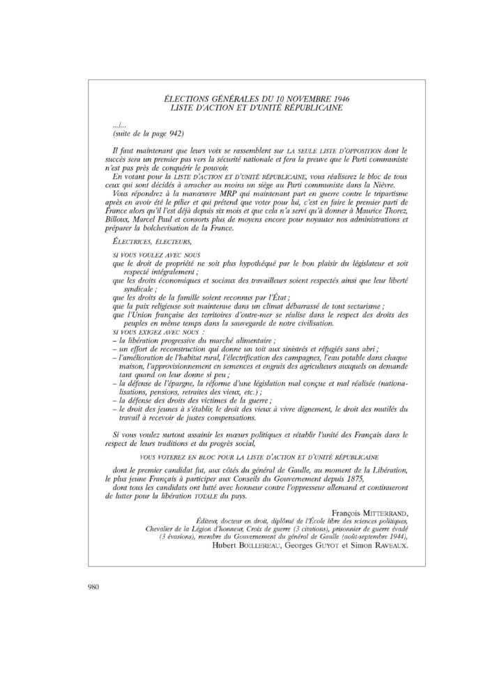 ÉLECTIONS GÉNÉRALES DU 10 NOVEMBRE 1946. LISTE D’ACTION ET D’UNITÉ RÉPUBLICAINE
 – page 1