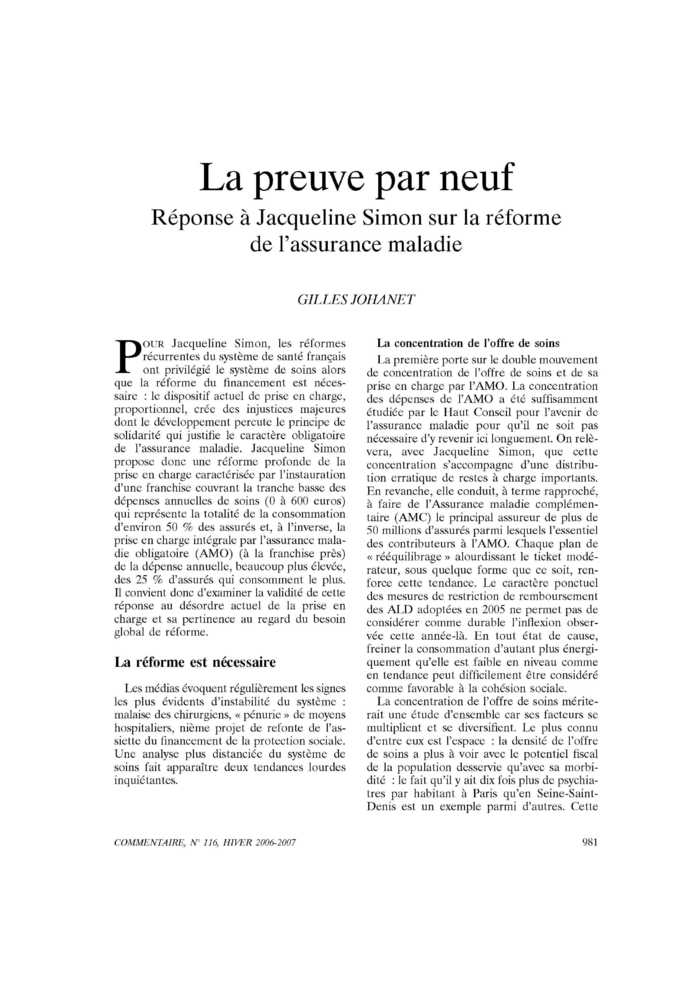 La preuve par neuf. Réponse à Jacqueline Simon sur la réforme de l’assurance maladie
 – page 1
