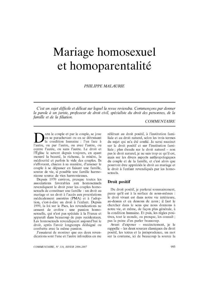Mariage homosexuel et homoparentalité
 – page 1