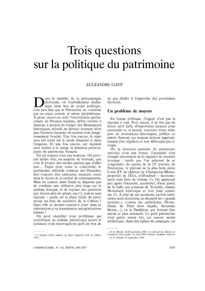 Trois questions sur la politique du patrimoine
 – page 1