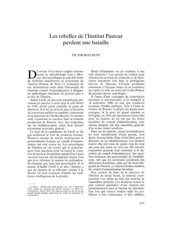 Les rebelles de l’Institut Pasteur perdent une bataille
 – page 1