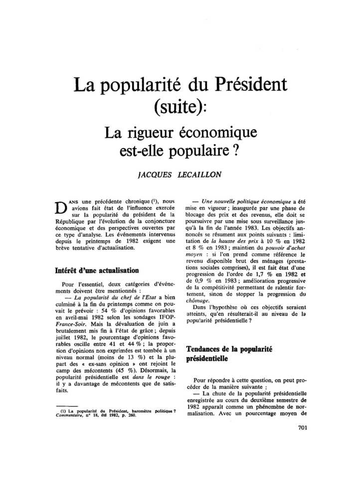 La popularité du Président (suite) : la rigueur économique est-elle populaire ?
 – page 1
