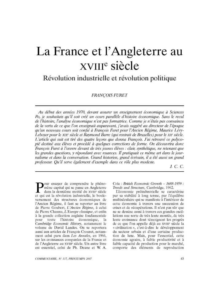 La France et l’Angleterre <br />au <span style="font-variant: small-caps;">xviii</span><SUP>e</SUP> siècle
 – page 1