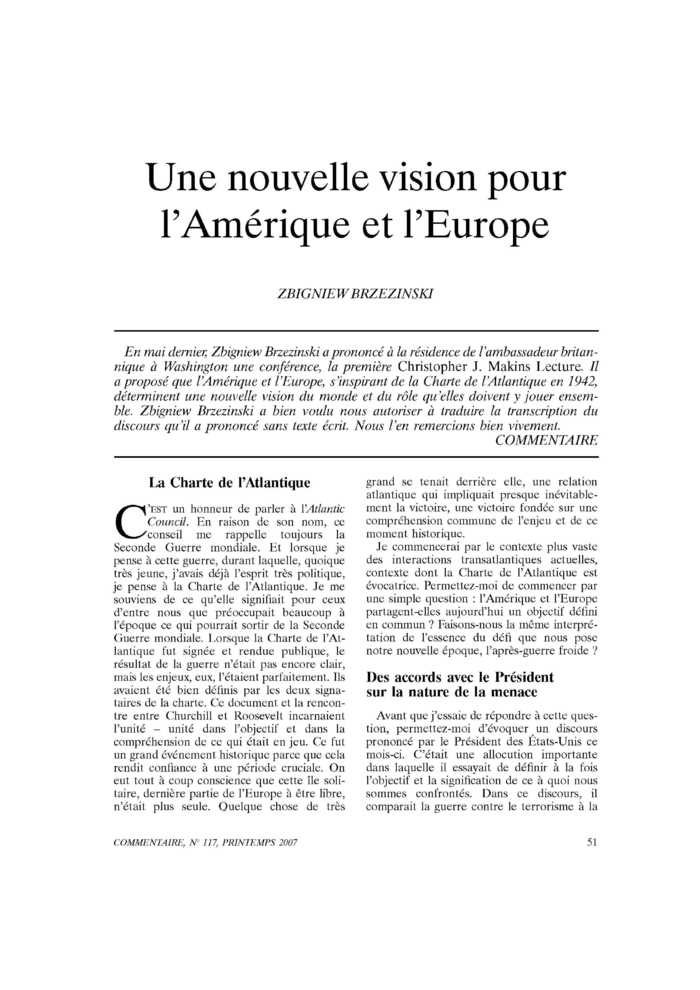 Une nouvelle vision pour l’Amérique et l’Europe
 – page 1