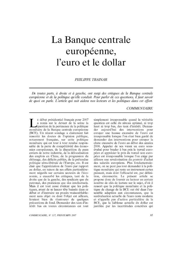 La Banque centrale européenne, l’euro et le dollar
 – page 1