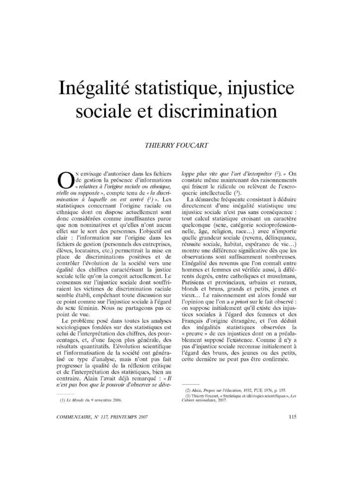 Inégalité statistique, injustice sociale et discrimination
 – page 1