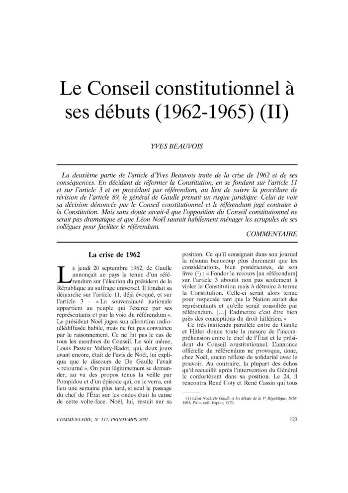 Le Conseil constitutionnel à ses débuts (1962-1965) (II)
 – page 1
