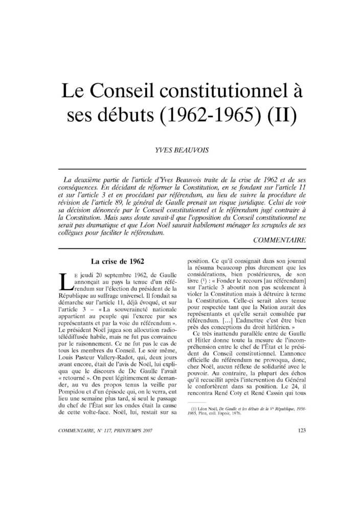 Le Conseil constitutionnel à ses débuts (1962-1965) (II)
 – page 1