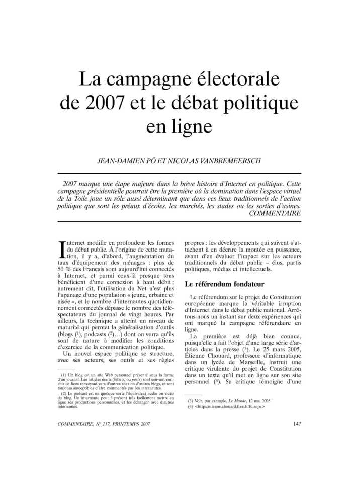 La campagne électorale de 2007 et le débat politique en ligne
 – page 1