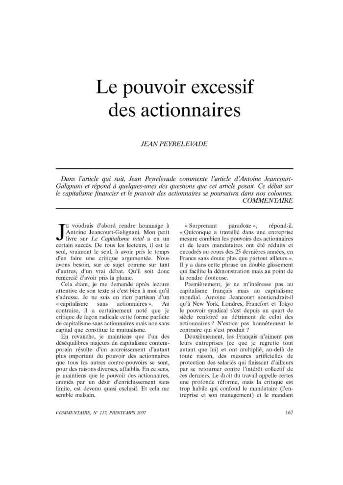 Le pouvoir excessif des actionnaires
 – page 1