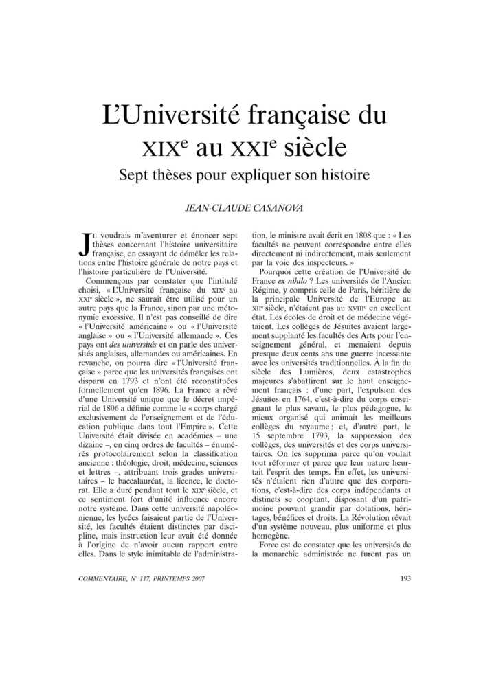 L’Université française du <span style="font-variant: small-caps;">xix</span><SUP>e</SUP> au <span style="font-variant: small-caps;">xxi</span><SUP>e</SUP> siècle
 – page 1