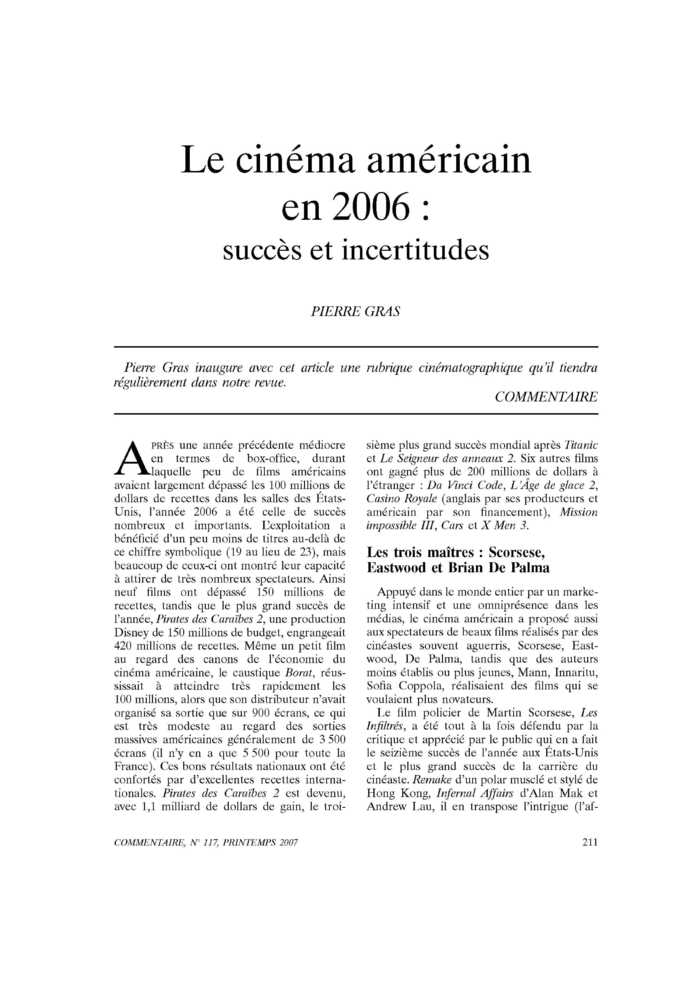 Le cinéma américain en 2006 : succès et incertitudes
 – page 1