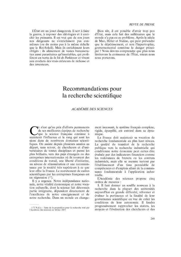 Recommandations pour la recherche scientifique
 – page 1