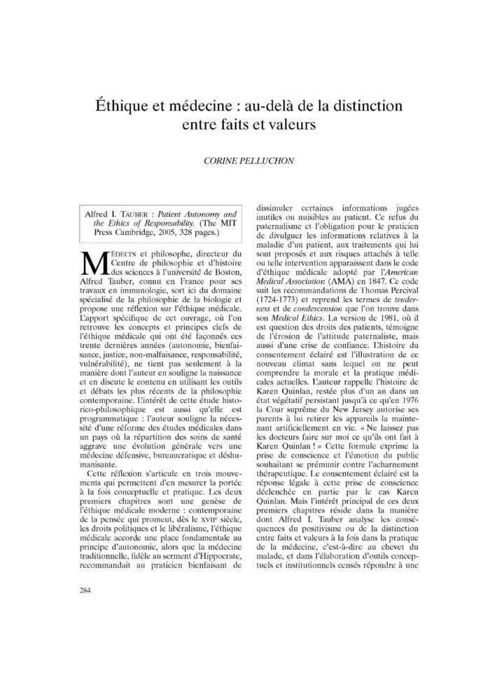 Éthique et médecine : au-delà de la distinction entre faits et valeurs
 – page 1