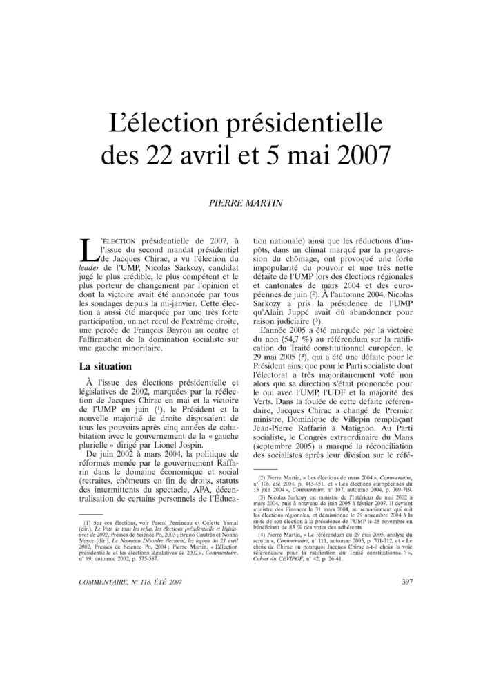 L’élection présidentielle des 22 avril et 5 mai 2007
 – page 1