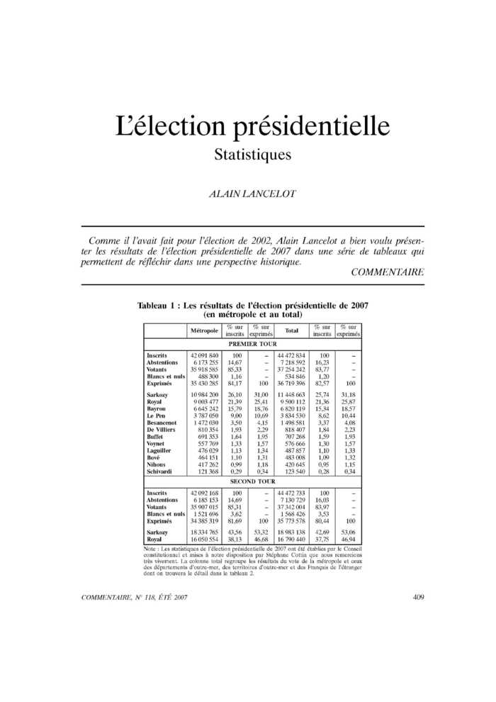 L’élection présidentielle. Statistiques
 – page 1