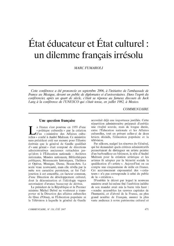 État éducateur et État culturel : un dilemme français irrésolu
 – page 1