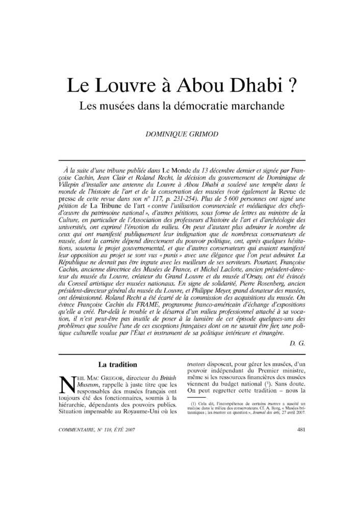 Le Louvre à Abou Dhabi ? Les musées dans la démocratie marchande
 – page 1