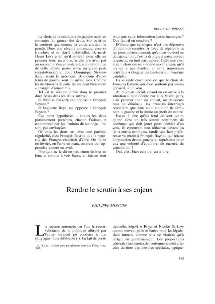 Rendre le scrutin à ses enjeux
 – page 1