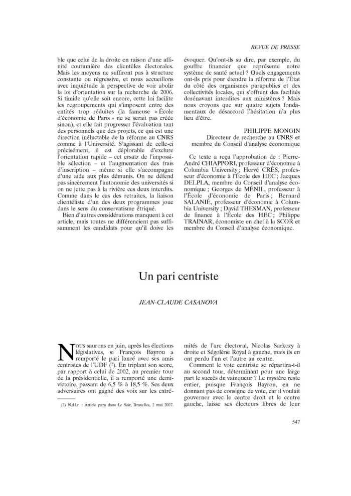 Un pari centriste
 – page 1