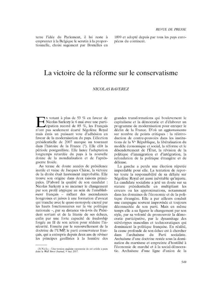 La victoire de la réforme sur le conservatisme
 – page 1