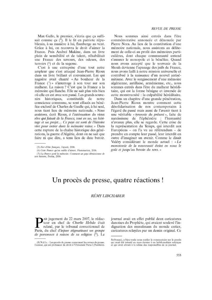 Un procès de presse, quatre réactions !
 – page 1