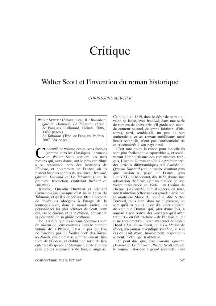Walter Scott et l’invention du roman historique
 – page 1