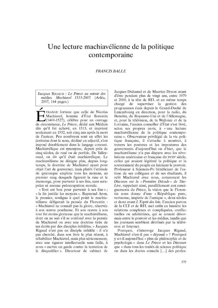Une lecture machiavélienne de la politique contemporaine
 – page 1