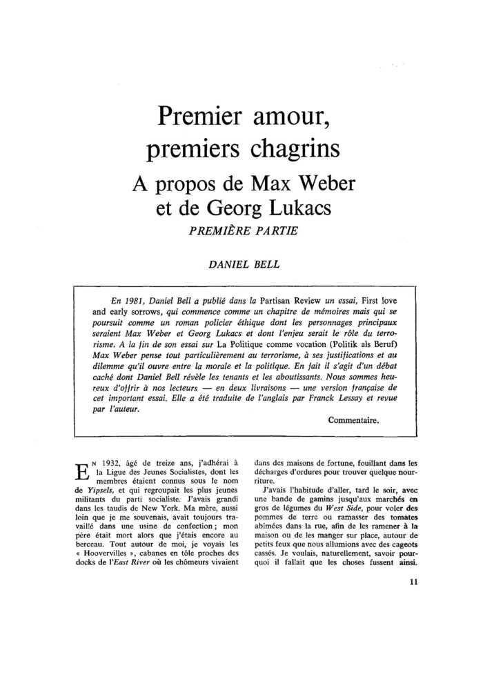 Premier amour, premiers chagrins. À propos de Max Weber et de Georg Lukacs. PREMIÈRE PARTIE
 – page 1