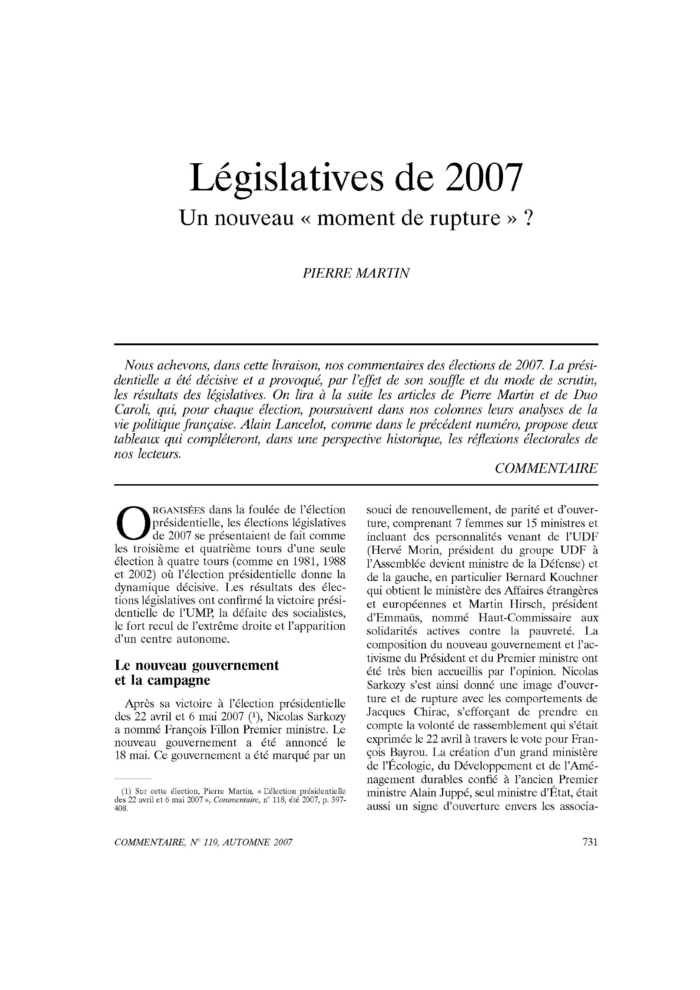 Législatives de 2007. Un nouveau « moment de rupture » ?
 – page 1