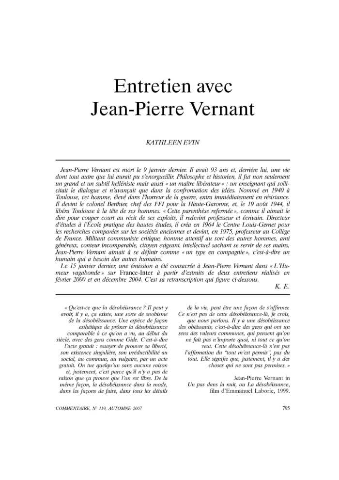 Entretien avec Jean-Pierre Vernant
 – page 1