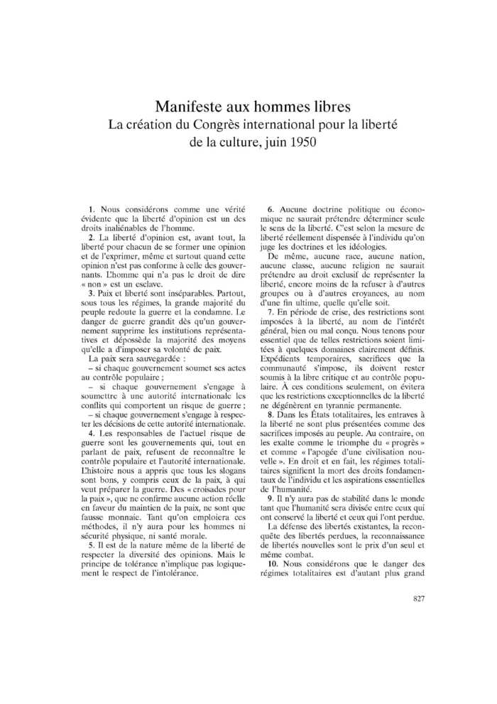 Manifeste aux hommes libres. La création du Congrès international pour la liberté de la culture, juin 1950
 – page 1