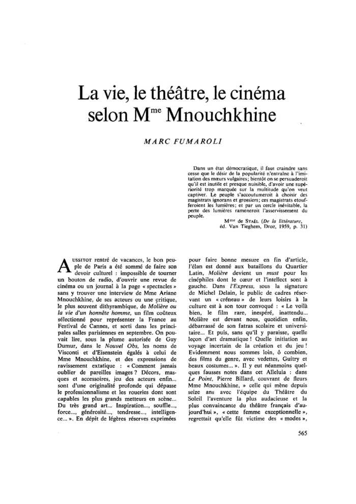 La vie, le théâtre, le cinéma selon Mme Mnouchkhine
 – page 1