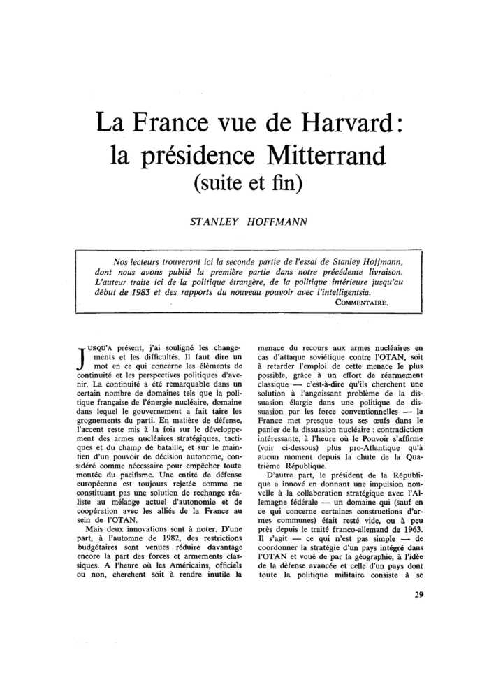 La France vue de Harvard : la présidence Mitterrand (suite et fin)
 – page 1