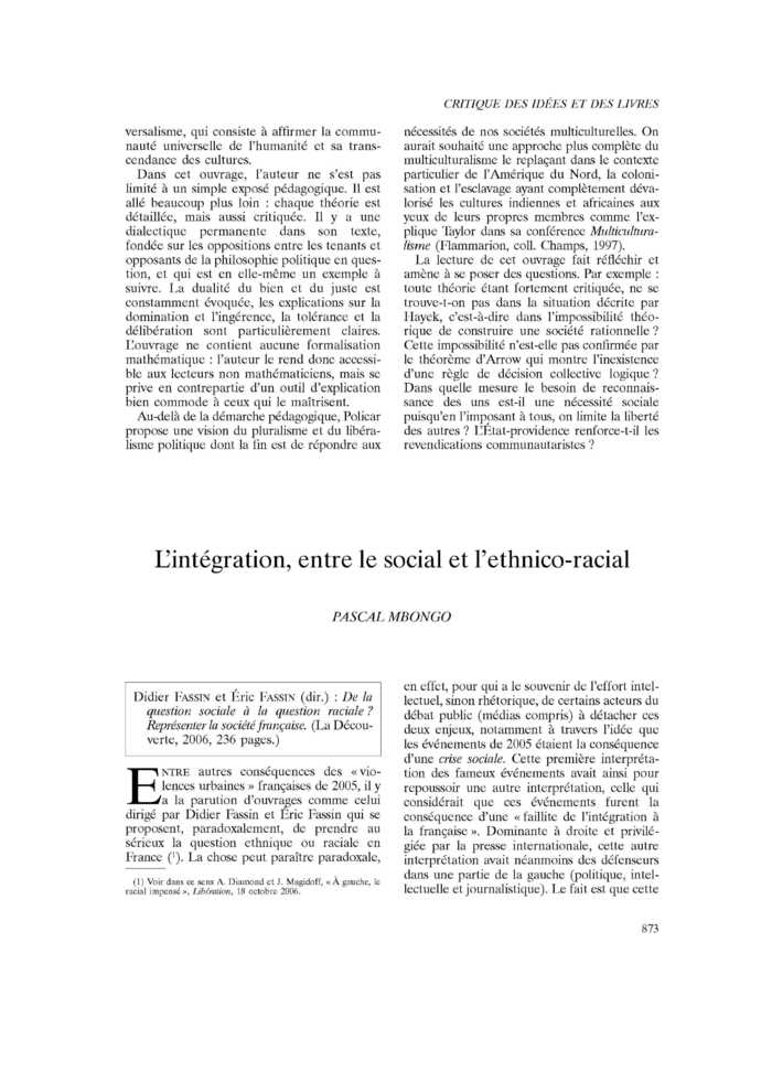 L’intégration, entre le social et l’ethnico-racial
 – page 1